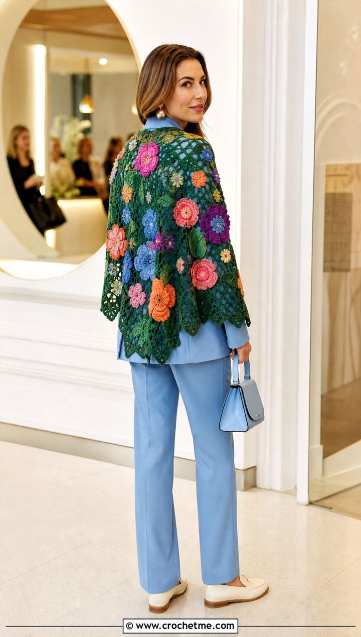 Floral Wing Shawl With Monochrome Suit - 30 Crochet Wing Shawl outfit ideas