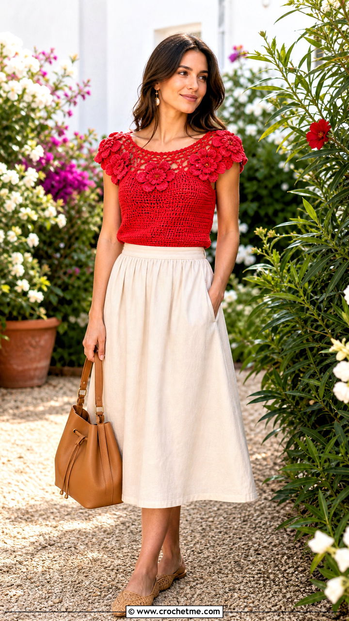 Floral Yoke Crochet Blouse With Cotton Midi Skirt - 35 crochet summer blouse outfit ideas