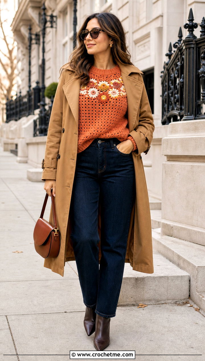 Floral Yoke Crochet Sweater With Dark Wash Jeans - 30 crochet flower sweater outfit ideas