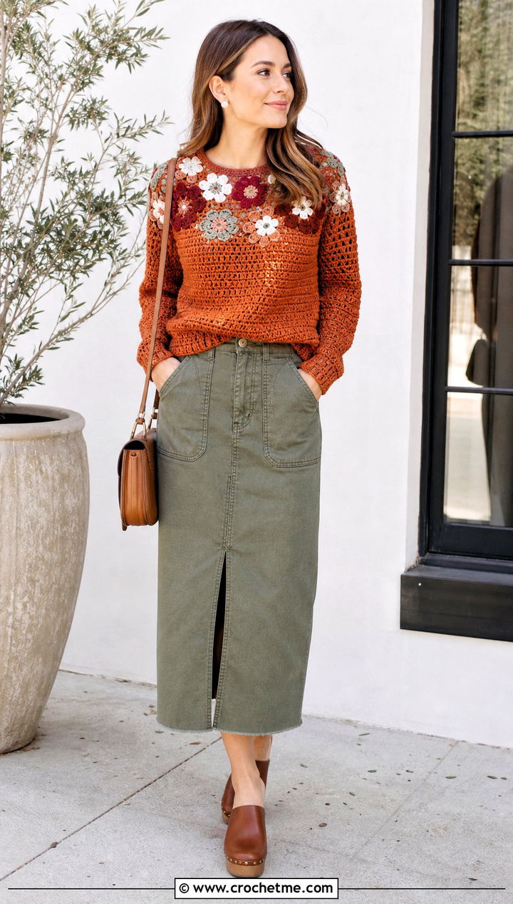 Floral Yoke Crochet Sweater With Utility Midi Skirt - 15 floral crochet sweater style outfit ideas