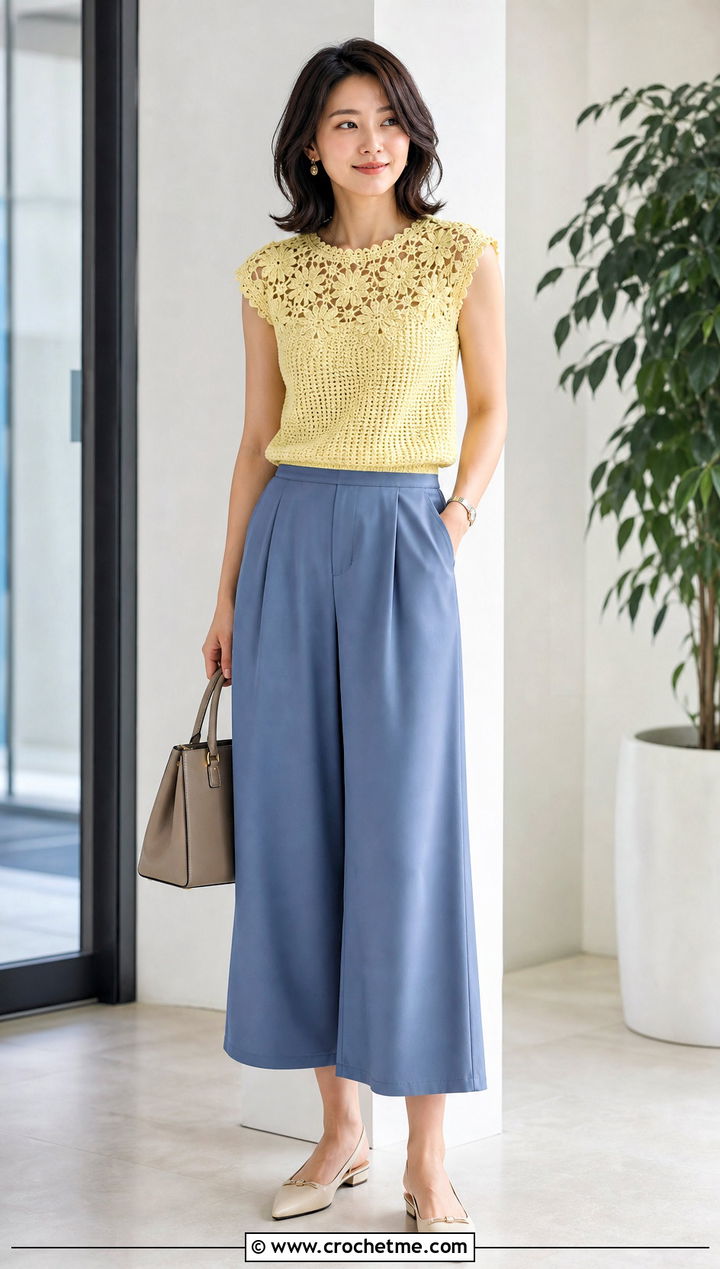 Floral Yoke Crochet Top With Wide Leg Culottes - 25 flower crochet tops outfit ideas