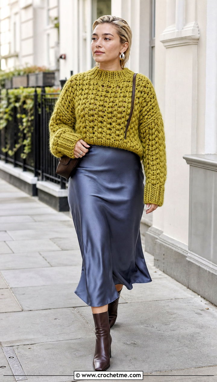 Florence Pugh Chunky Crochet Sweater With Satin Skirt - 25 Celebrities Crochet Outfit ideas