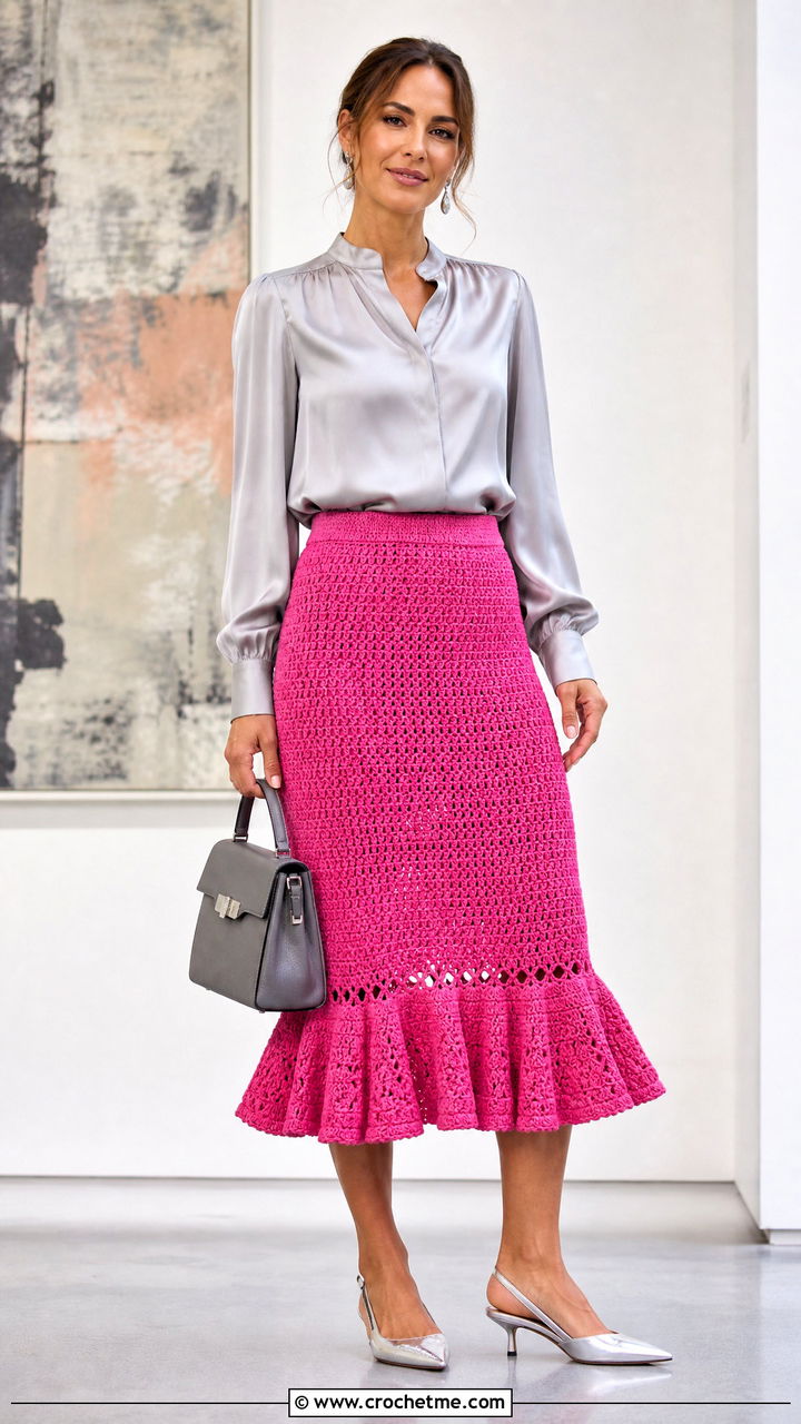 Flounce Hem Crochet Ruffle Midi Skirt With Satin Blouse - 35 crochet ruffle skirt outfit ideas