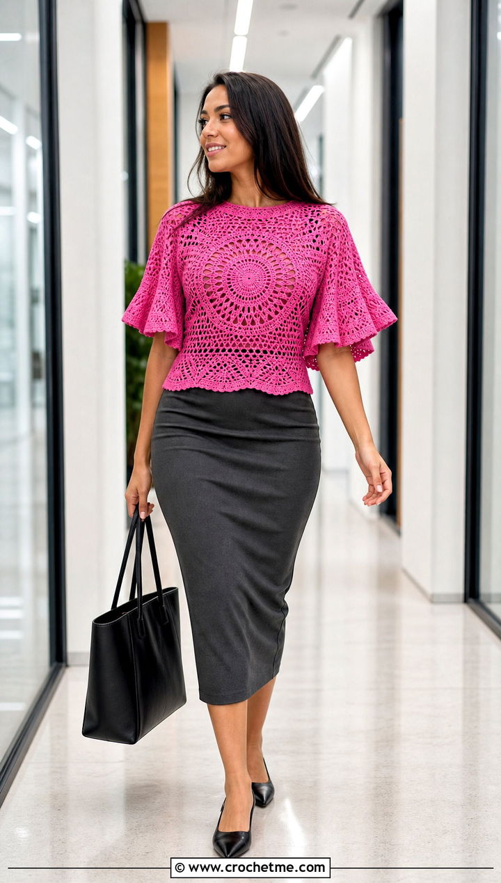 Flounce Sleeve Crochet Mandala Top With Pencil Skirt - 35 crochet mandala top outfit ideas