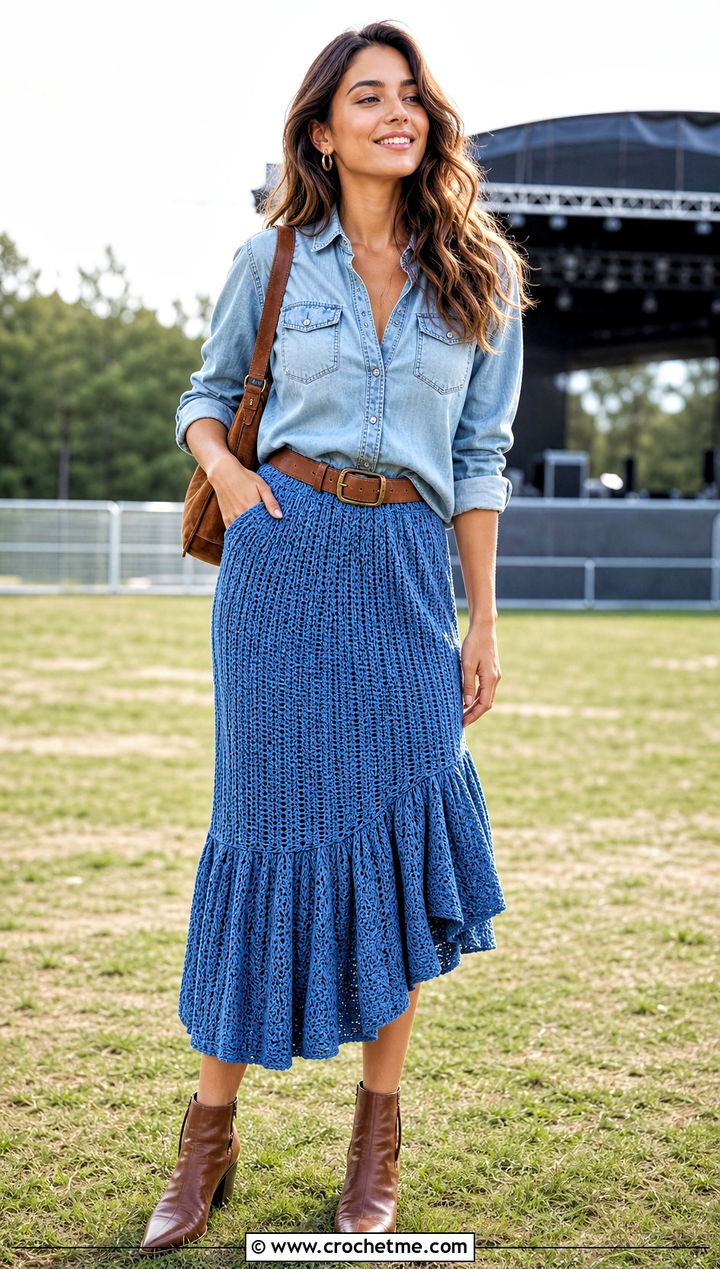 Flounced Crochet Midi Skirt With Denim Shirt - 35 crochet skirt with ruffles outfit ideas