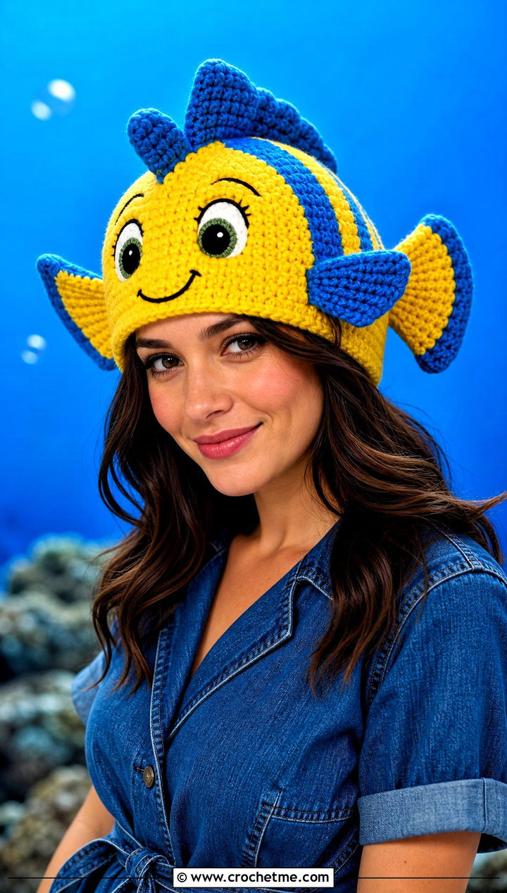 Flounder Crochet Fish Hat With Denim Dress - 30 disney crochet hat outfit ideas