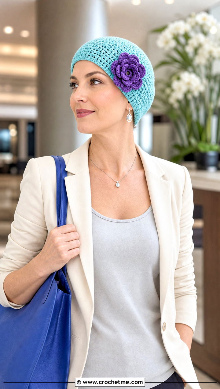 Flower Accent Crochet Chemo Cap With Blazer Outfit - 20 Easy Crochet Chemo Hats outfit ideas
