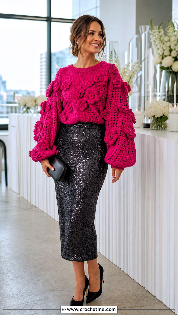 Flower Applique Balloon Sleeve Crochet Sweater With Sequin Skirt - 35 crochet sweater with flowers outfit ideas