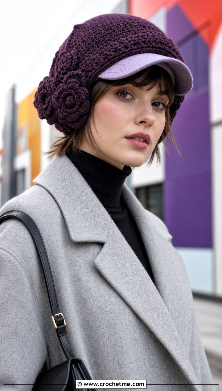 Flower Applique Baseball Cap Ear Warmer With Wool Coat - 20 crochet baseball cap ear warmer outfit ideas