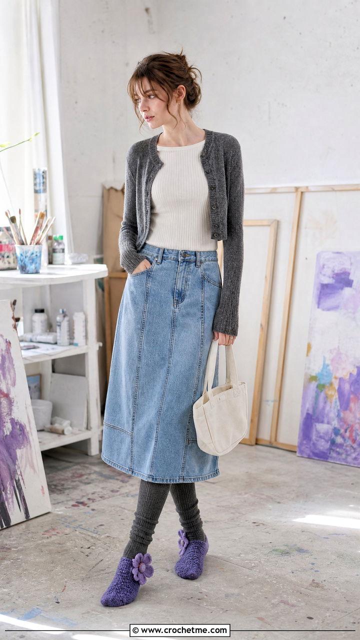 Flower Applique Bed Socks With Denim Midi Skirt - 35 crochet bed socks outfit ideas