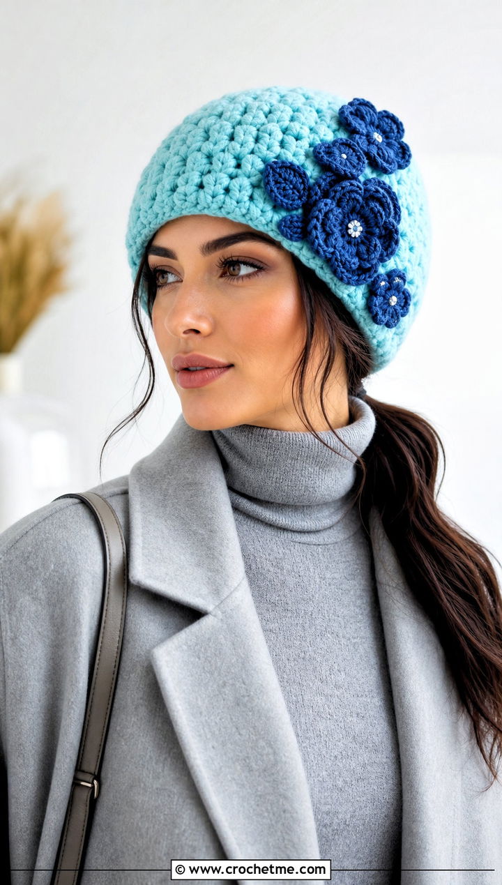 Flower Applique Blanket Yarn Crochet Beanie With Monochrome Outfit - 15 blanket yarn crochet beanie outfit ideas