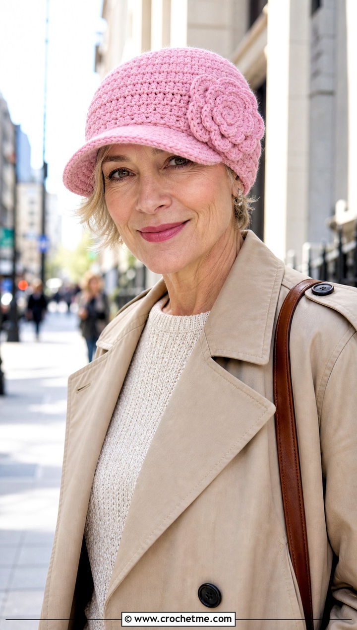 Flower Applique Brimmed Crochet Beanie With Trench Coat - 15 Brimmed Crochet Beanie outfit ideas