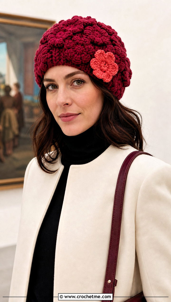 Flower Applique Chunky Beanie With Minimal Coat - 35 crochet chunky beanie outfit ideas
