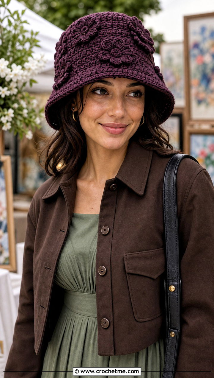 Flower Applique Chunky Bucket Hat With Midi Dress - 30 crochet chunky bucket hat outfit ideas