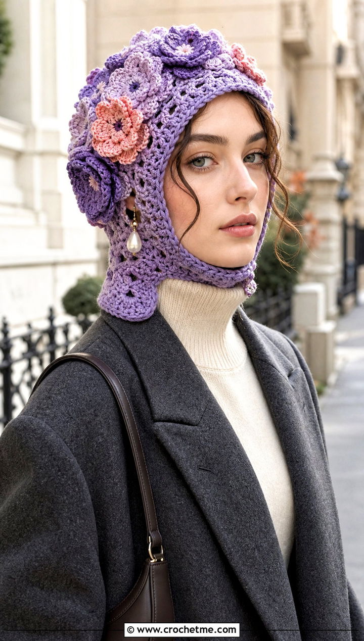 Flower Applique Crochet Balaclava With Wool Coat - 25 easy crochet balaclava outfit ideas