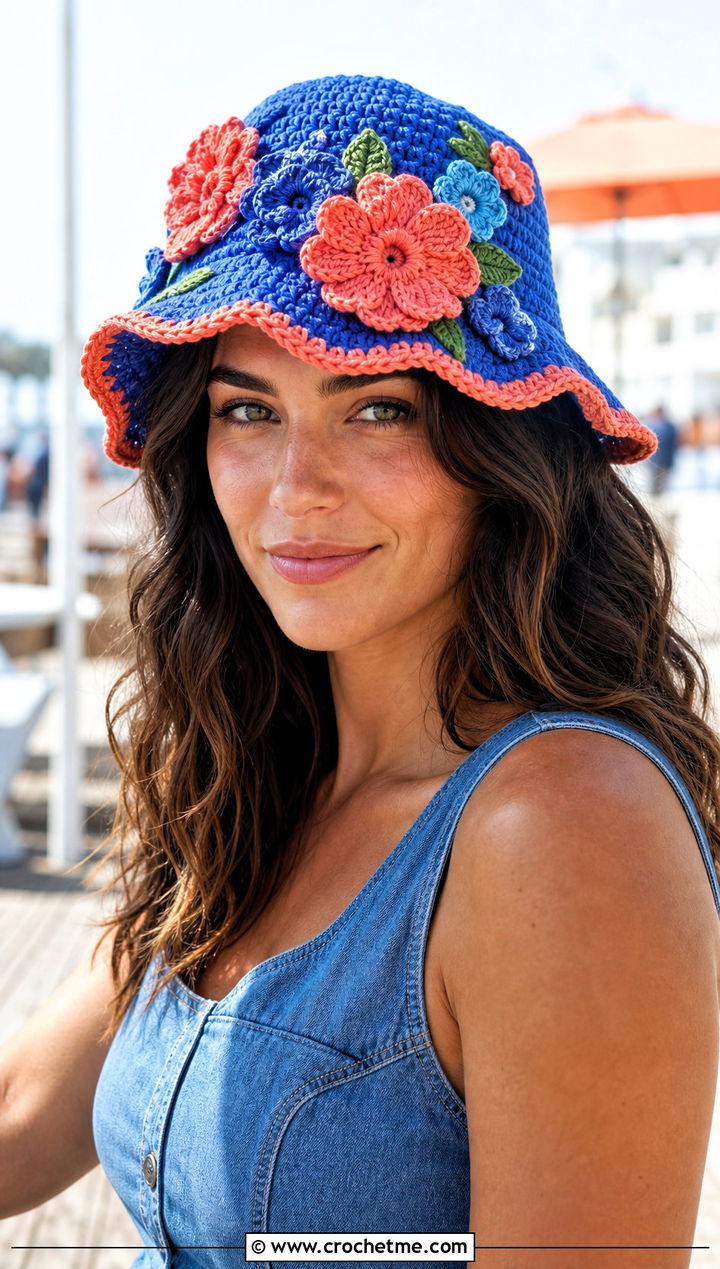 Flower Applique Crochet Beach Hat With Denim Dress - 30 crochet beach hats outfit ideas
