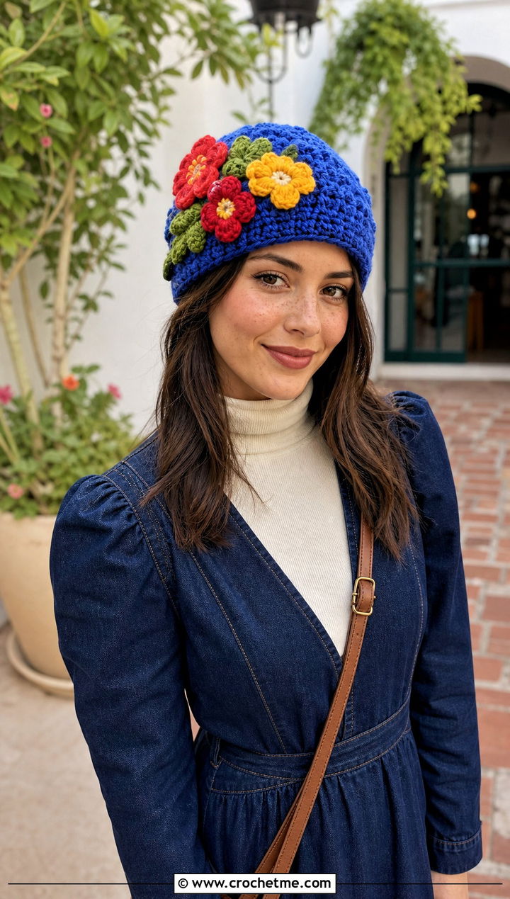 Flower Applique Crochet Beanie With Denim Dress - 25 Women Crochet Beanie outfit ideas