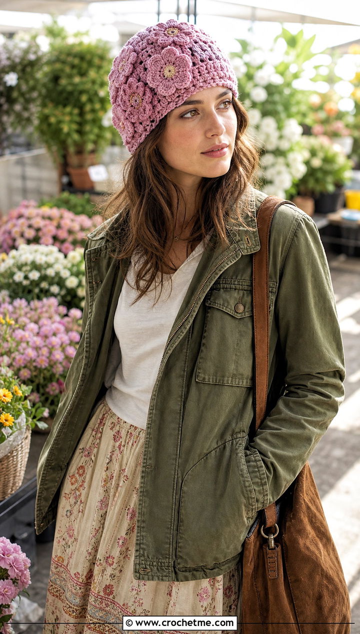 Flower Applique Crochet Beanie With Utility Jacket And Maxi Skirt - 20 unique crochet beanie outfit ideas