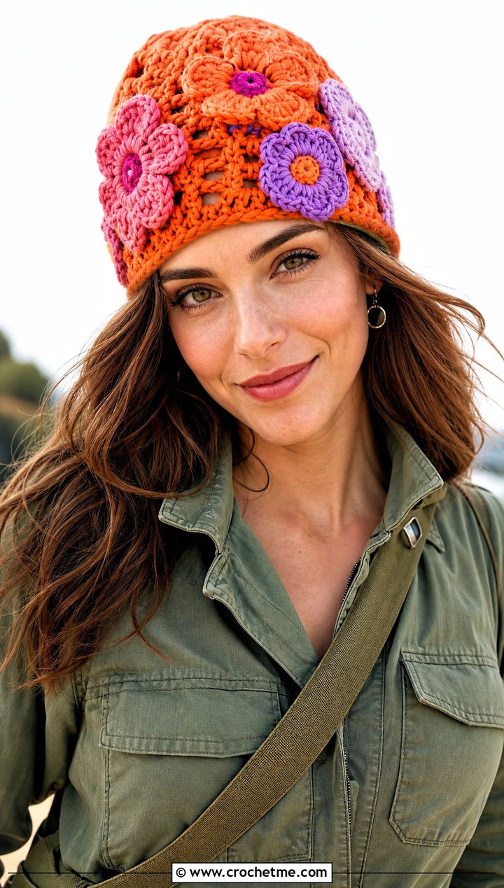 Flower Applique Crochet Beanie With Utility Jumpsuit - 20 Boho Crochet Beanie outfit ideas