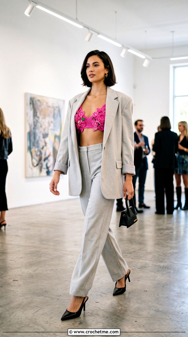 Flower Applique Crochet Bralette Top With Oversized Suit - 25 Y2K Crochet Top outfit ideas