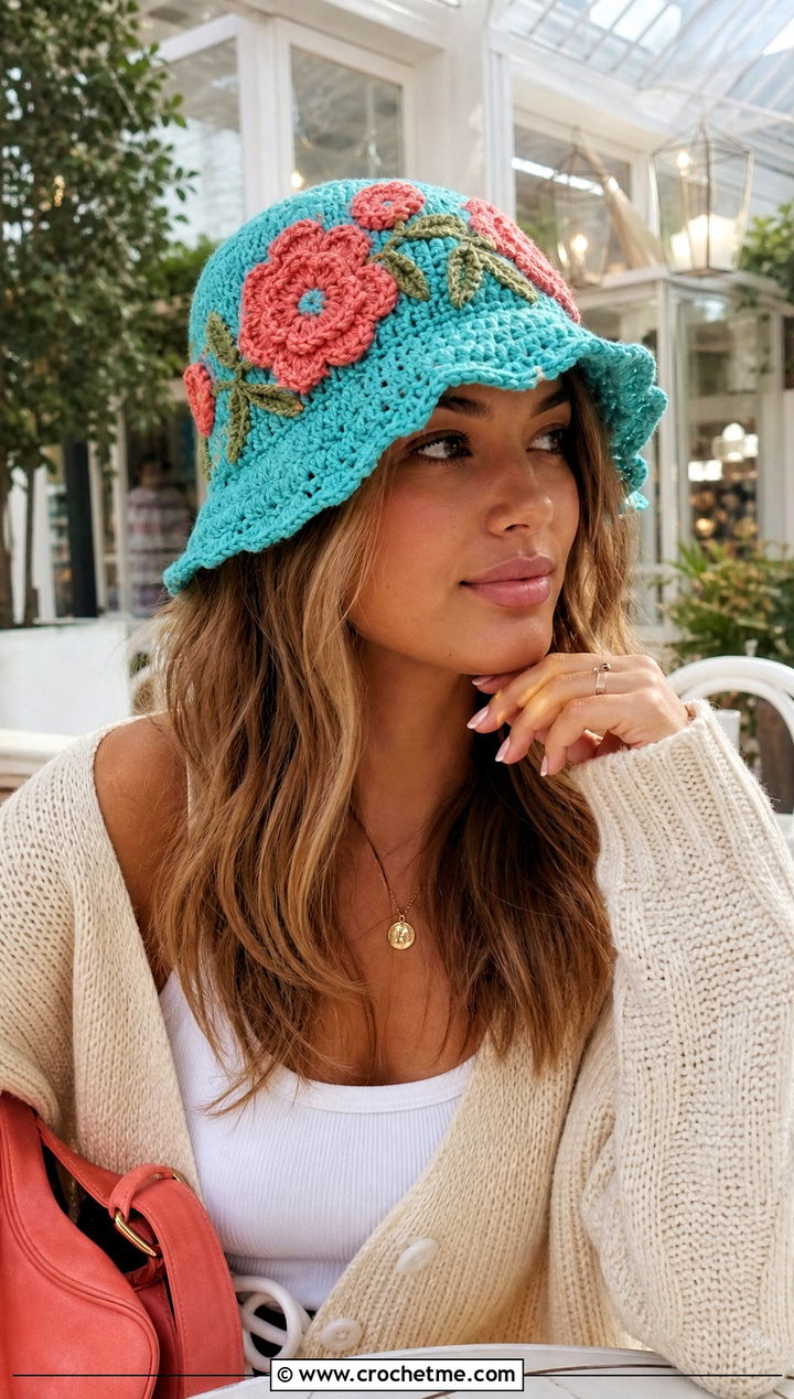 Flower Applique Crochet Bucket Hat With Cardigan - 25 Easy Crochet Bucket Hats outfit ideas