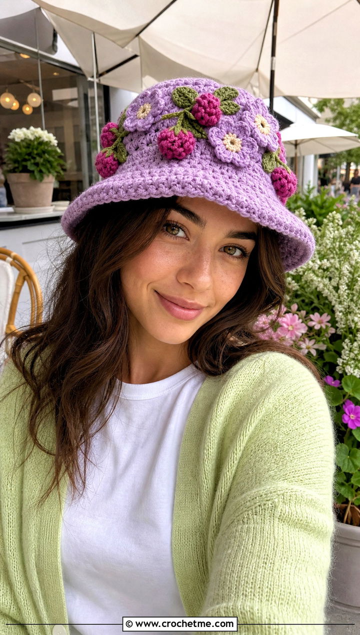 Flower Applique Crochet Bucket Hat With Cardigan - 30 hats to crochet outfit ideas
