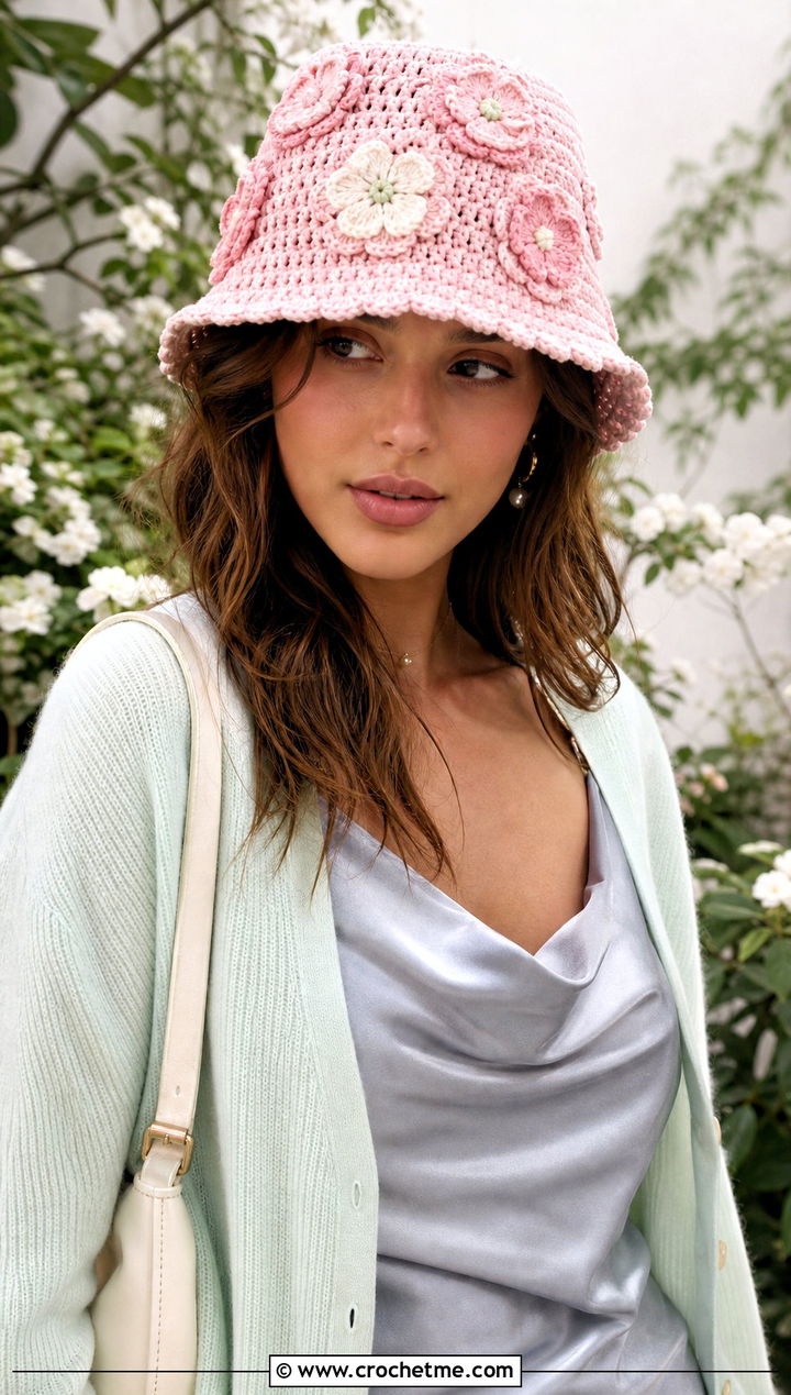 Flower Applique Crochet Bucket Hat With Slip Dress And Cardigan - 30 Quick And Easy Crochet Hat outfit ideas