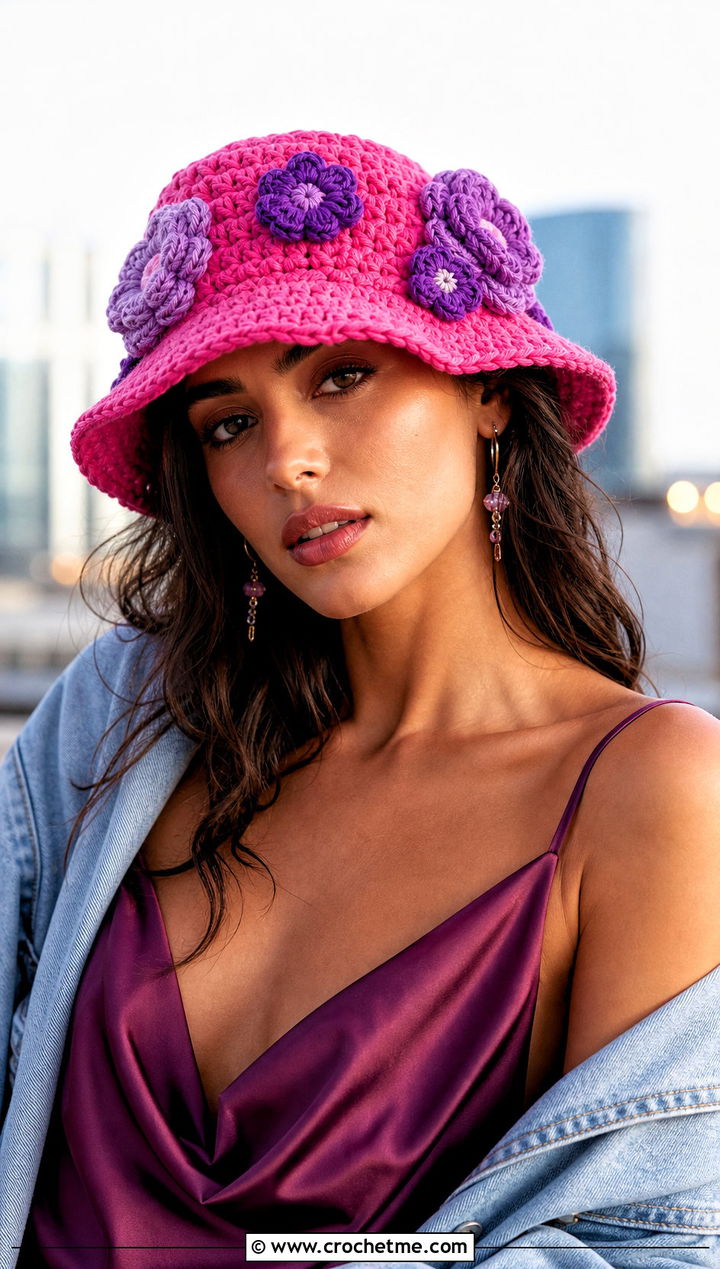 Flower Applique Crochet Bucket Hat With Slip Dress - 30 easy crochet bucket hat outfit ideas