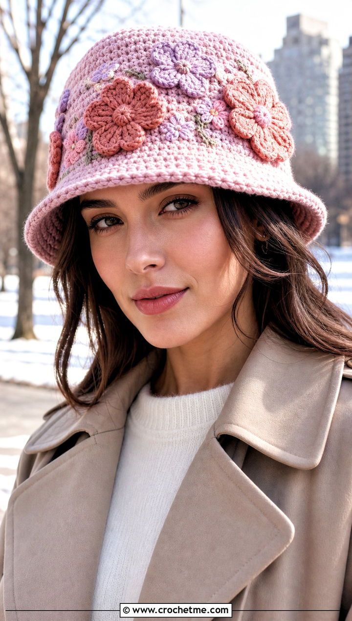 Flower Applique Crochet Bucket Hat With Trench Coat - 35 crochet winter bucket hat outfit ideas