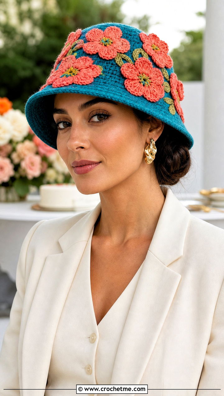 Flower Applique Crochet Bucket Hat With Trouser Set - 25 party crochet hat outfit ideas