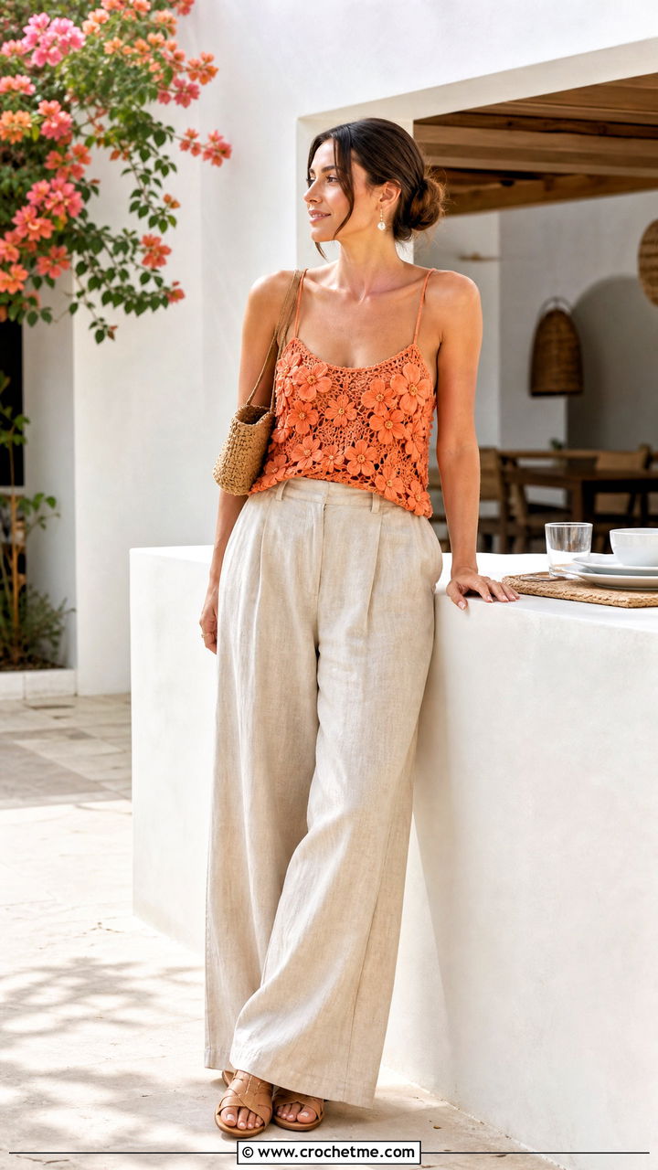 Flower Applique Crochet Cami With Linen Trousers - 35 crochet y2k top outfit ideas