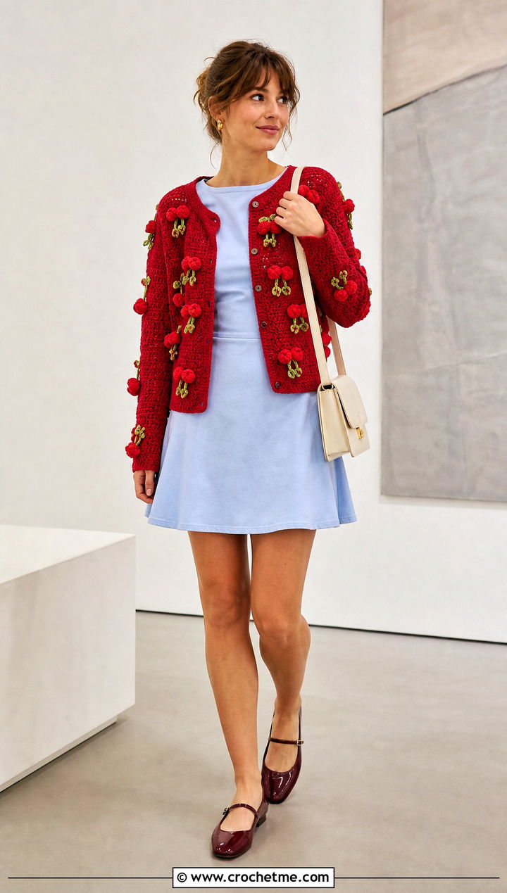 Flower Applique Crochet Cardigan With Mini Dress - 30 crochet spring cardigan outfit ideas