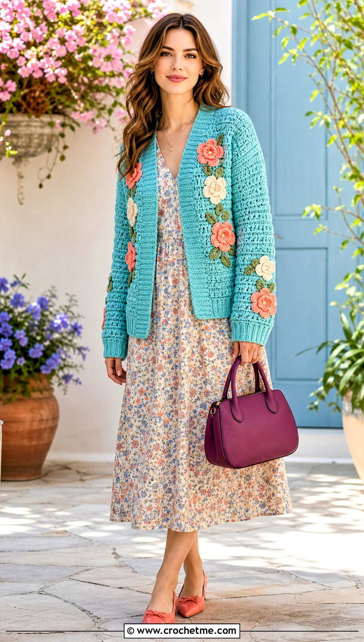 Flower Applique Crochet Chenille Cardigan With Floral Midi Dress - 30 crochet chenille cardigan outfit ideas