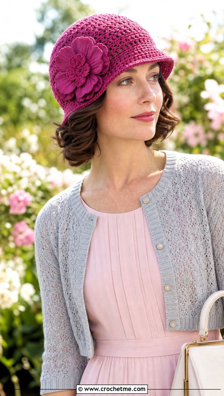 Flower Applique Crochet Cloche Hat With Midi Dress - 25 flapper style crochet cloche hat outfit ideas