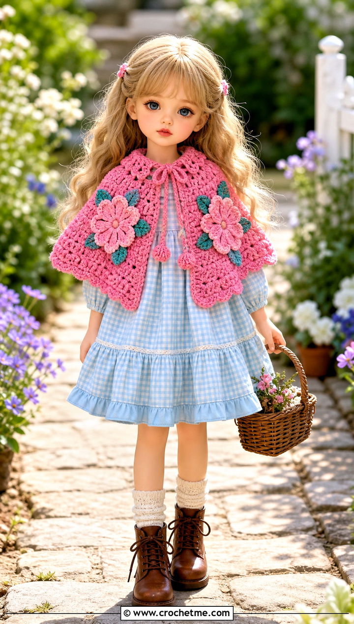 Flower Applique Crochet Doll Cape With Cottagecore Dress - 25 Crochet Doll Cape outfit ideas