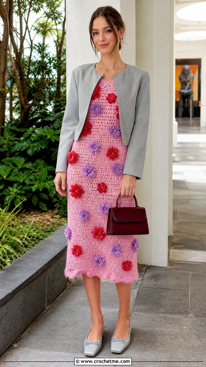 Flower Applique Crochet Dress With Ballet Flats - 35 crochet dress inspo outfit ideas