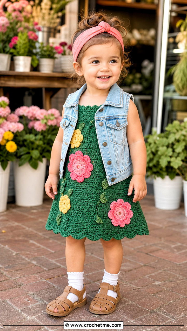 Flower Applique Crochet Dress With Denim Vest - 15 5T Crochet Dress outfit ideas