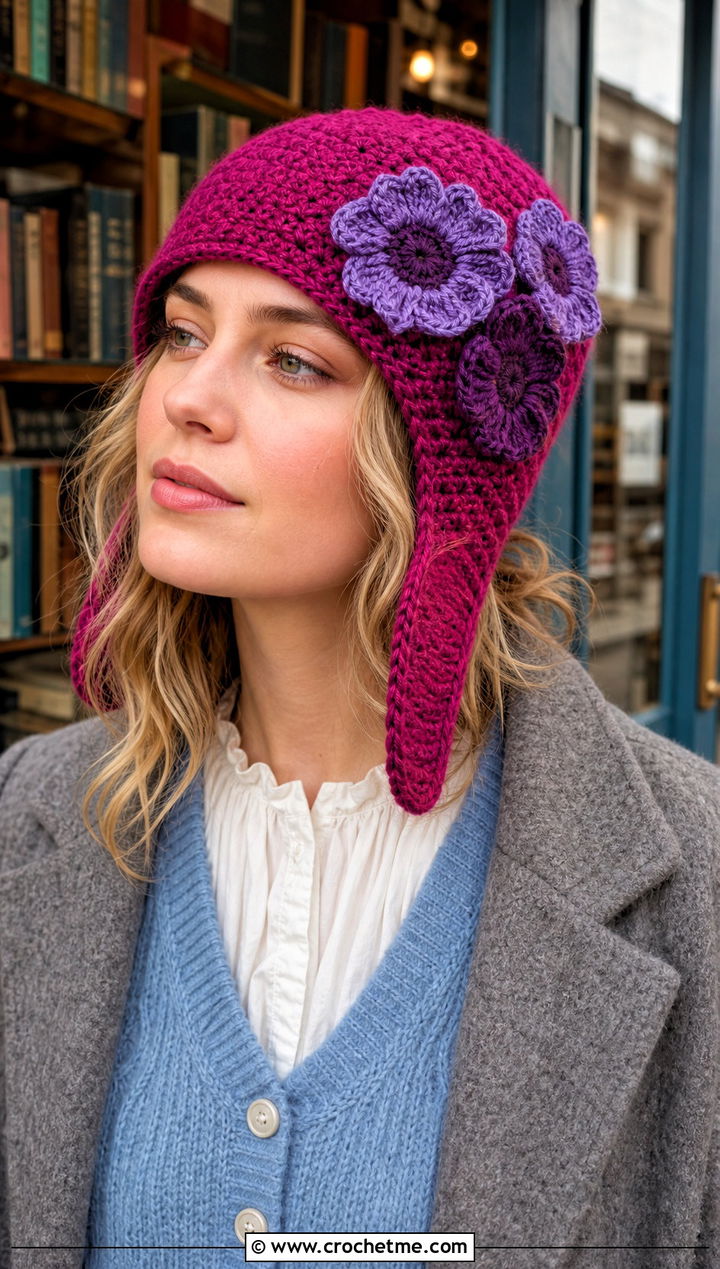 Flower Applique Crochet Ear Flap Hat With Romantic Outfit - 30 crochet adult ear flap hat outfit ideas
