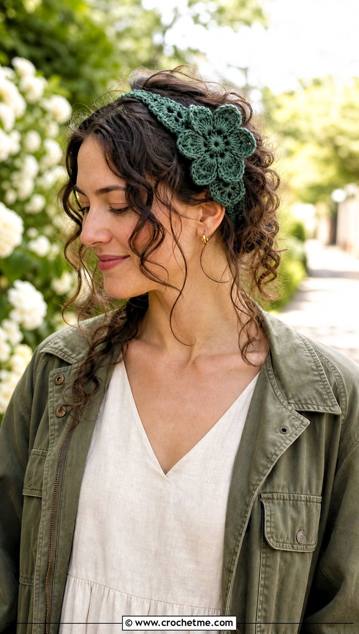 Flower Applique Crochet Ear Headband With Utility Jacket And Midi Dress - 30 crochet ear headband outfit ideas