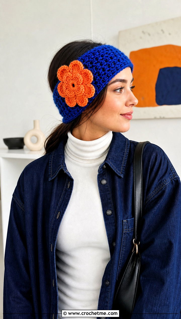 Flower Applique Crochet Ear Warmer With Denim Outfit - 25 Quick Crochet Ear Warmer outfit ideas