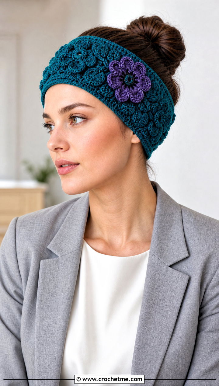 Flower Applique Crochet Ear Warmer With Minimalist Suit - 25 Diy Crochet Headband Ear Warmers outfit ideas