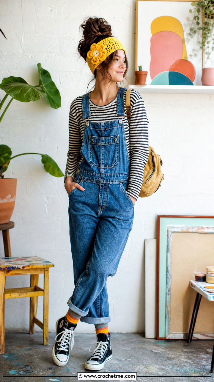 Flower Applique Crochet Ear Warmer With Overalls - 35 Easy Crochet Ear Warmer outfit ideas