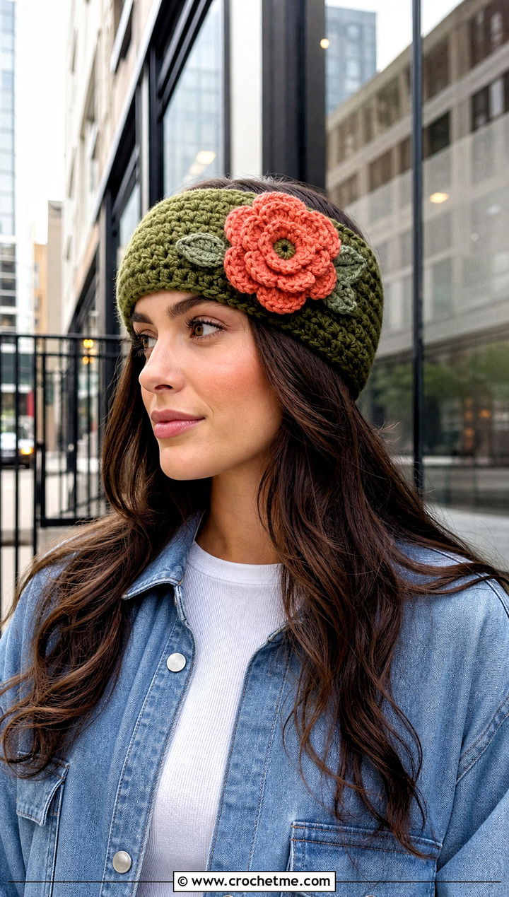 Flower Applique Crochet Ear Warmer With Shacket and Cargo Pants - 25 Simple Crochet Ear Warmer outfit ideas