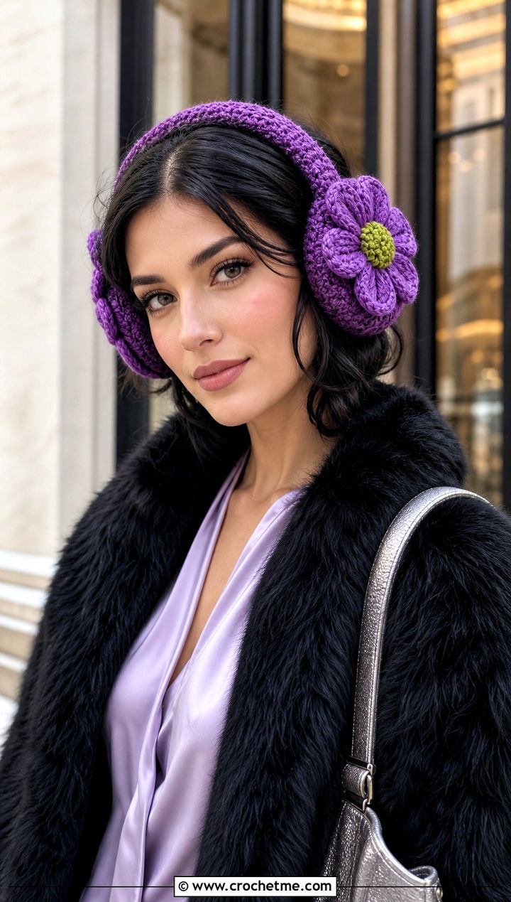 Flower Applique Crochet Earmuffs Headband With Faux Fur Coat - 25 Crochet Earmuffs Headband outfit ideas