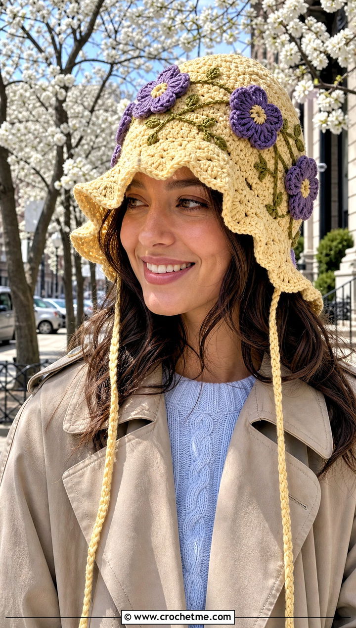Flower Applique Crochet Flap Hat With Trench Coat - 30 crochet flap hat outfit ideas