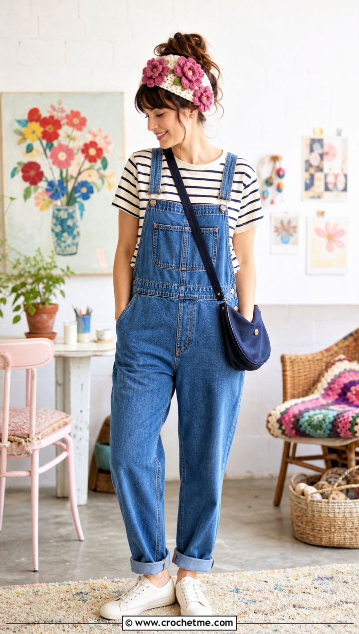 Flower Applique Crochet Hair Wrap With Overalls - 35 crochet hair wrap outfit ideas