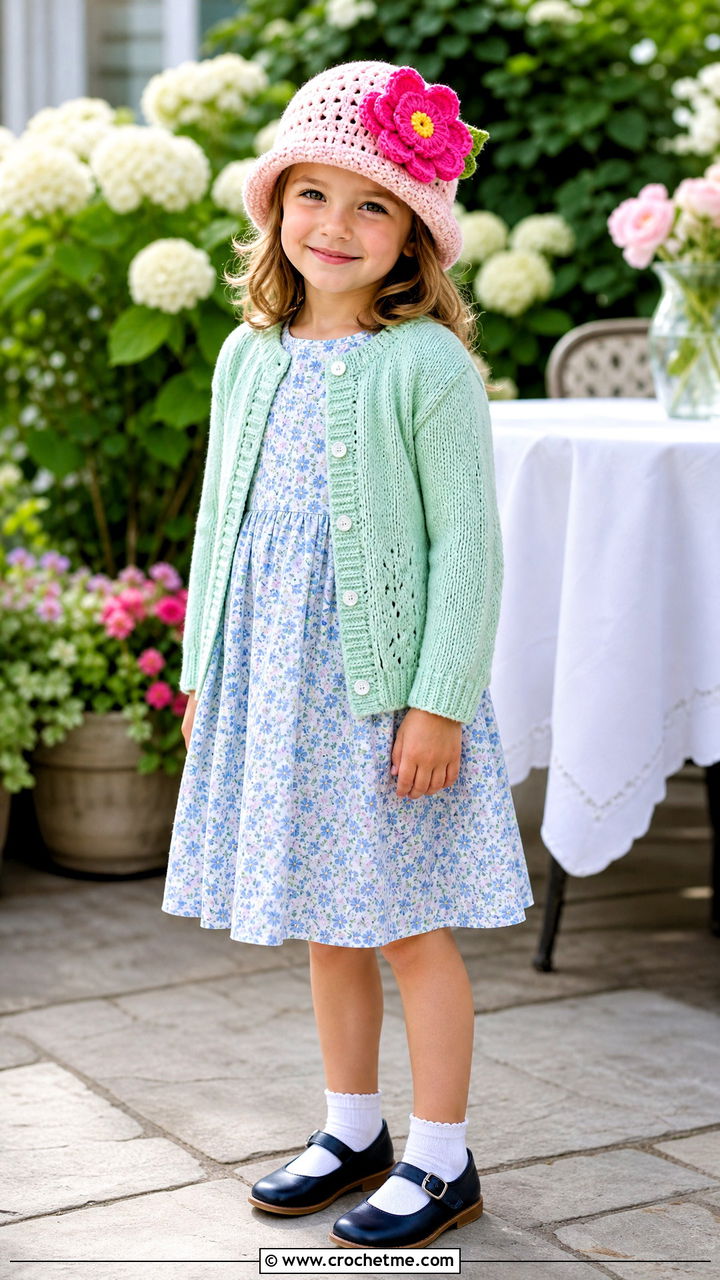 Flower Applique Crochet Hat With Cardigan - 35 childrens crochet hats outfit ideas