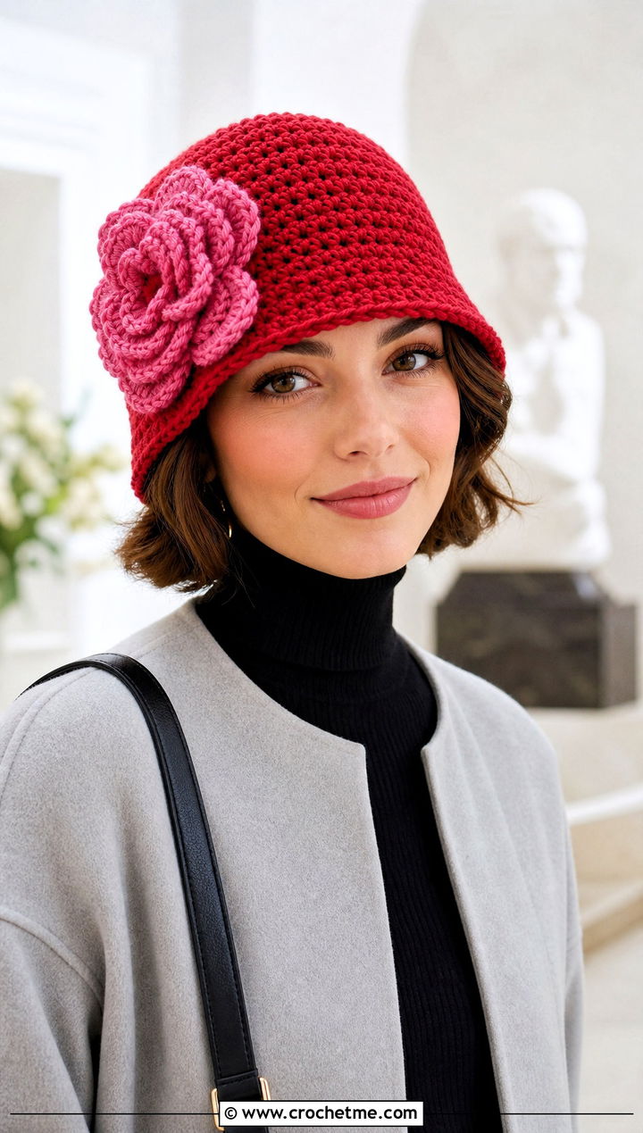 Flower Applique Crochet Hat With Minimal Coat - 30 winter crochet hats outfit ideas