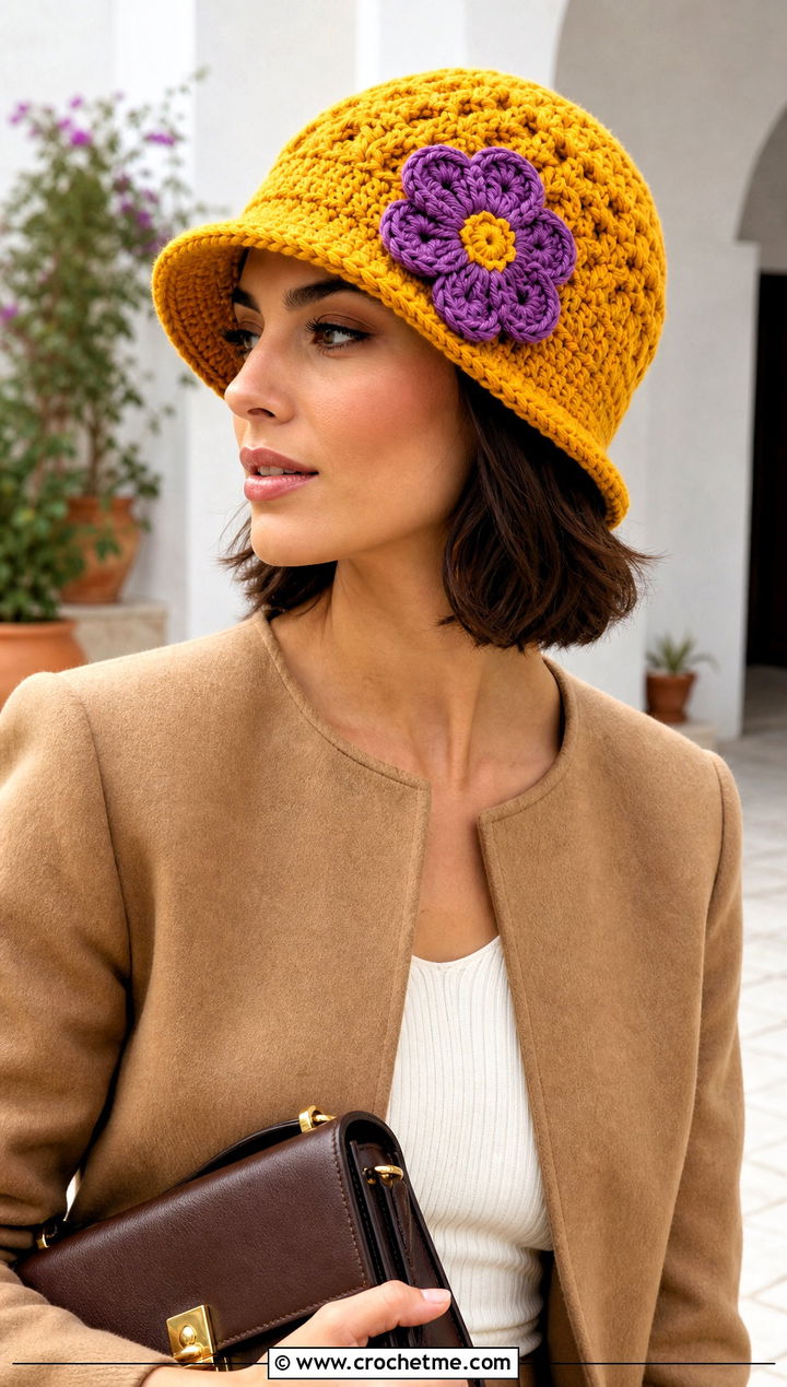 Flower Applique Crochet Hat With Skirt Suit - 25 Easy Crochet Hats With Brim outfit ideas