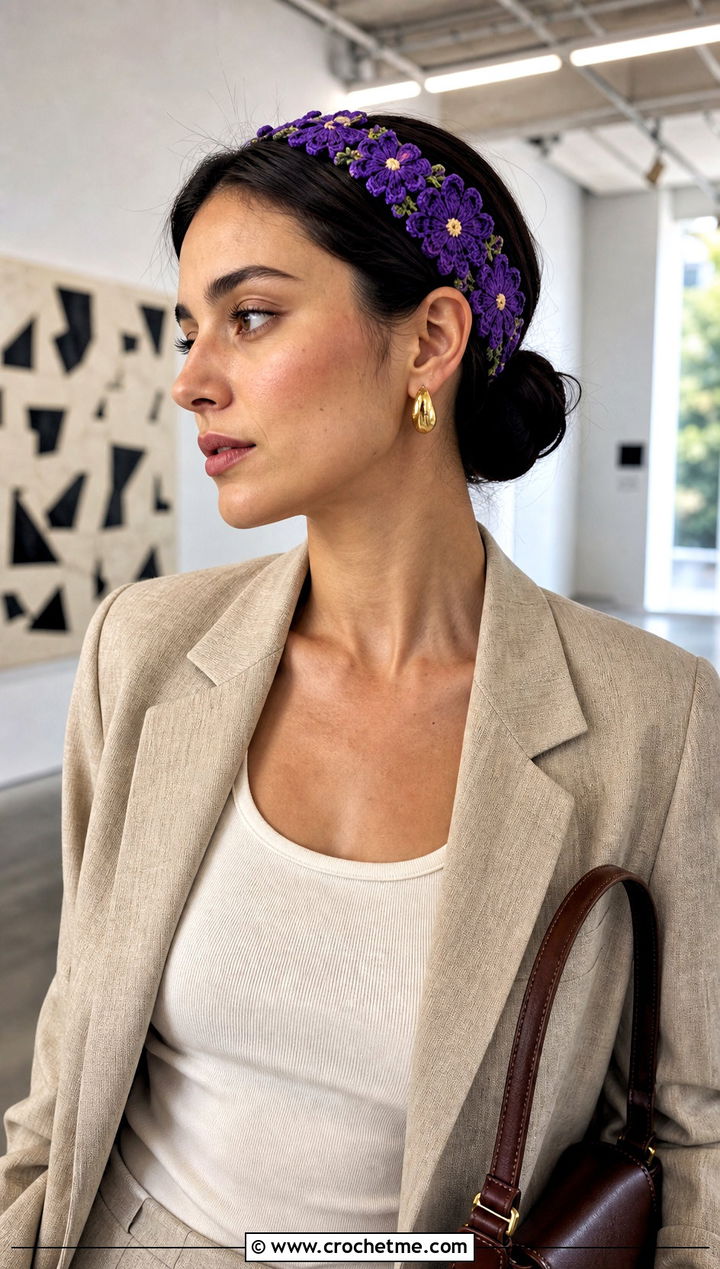 Flower Applique Crochet Headband With Linen Suit - 30 boho crochet headband outfit ideas